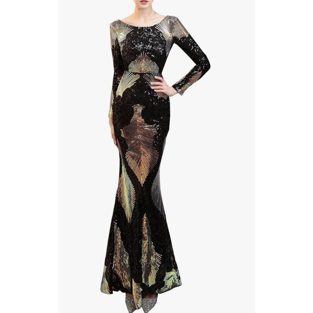 Prom 2026 Sequin Mermaid Dress Small Black Gold Backless Formal Gown Glam Gala